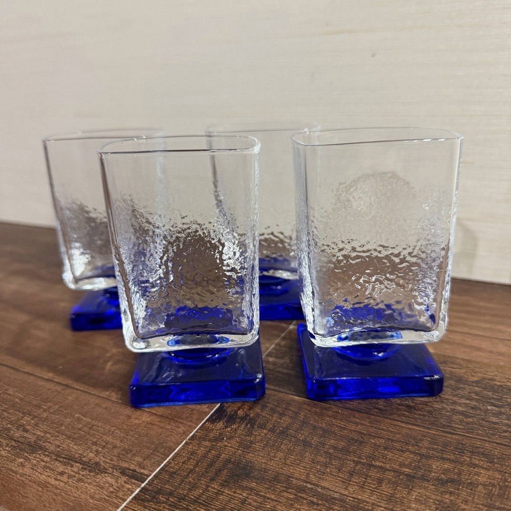 Bormioli Rocco Cobalt Blue Liqueur Glasses, Square Pedestal Glasses, Set of 4